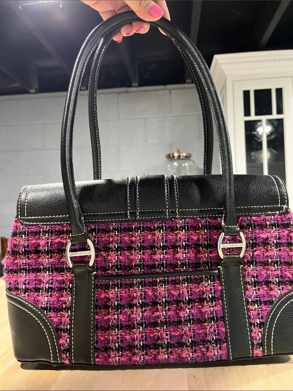 Liz Claiborne Black Leather & Pink Tweed Shoulder Bag